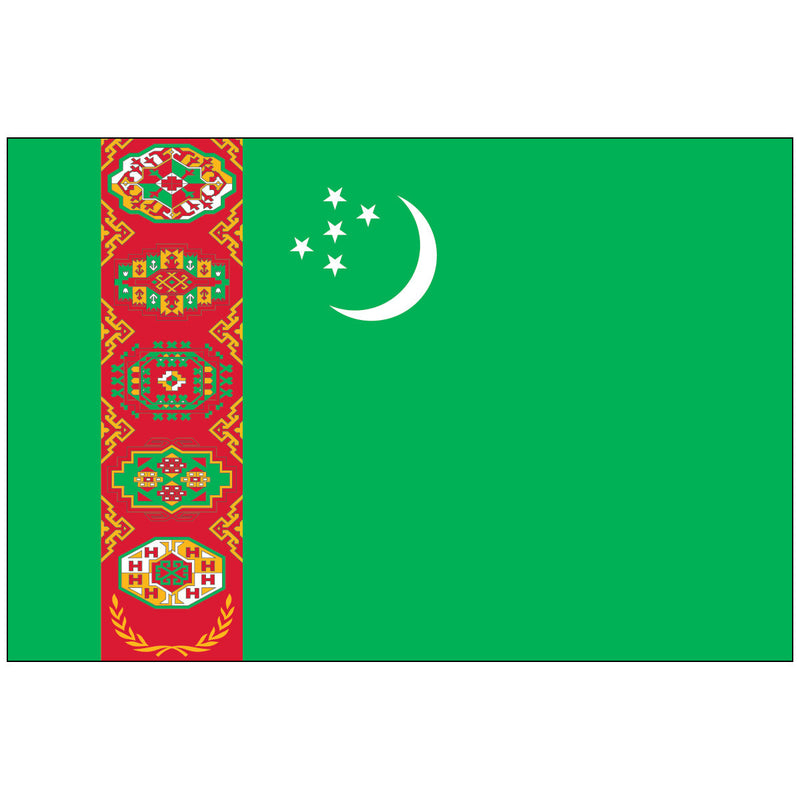 Load image into Gallery viewer, The flag of Turkmenistan, featuring a green field with a vertical red stripe, five traditional carpet guls, and a white crescent with five stars.