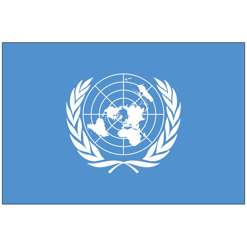 Load image into Gallery viewer, Blue flag featuring a white emblem with a world map centered in a polar projection, surrounded by olive branches representing the United Nations