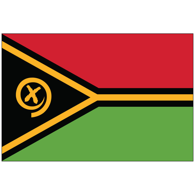 Load image into Gallery viewer, Horizontal Vanuatu nylon world flag split into horizontal red (top) and green (bottom) halves, separated by a black chevron triangle from the hoist. The black chevron is bordered in yellow and contains a yellow boar's tusk encircled by two fern leaves.
