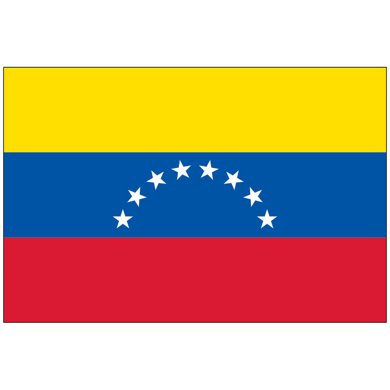 Load image into Gallery viewer, Standard issue Venezuela World Flag with horizontal stripes of yellow, blue, and red. The flag features an arc of eight white five-pointed stars centered on the middle blue stripe, and no coat of arms on the top yellow stripe.