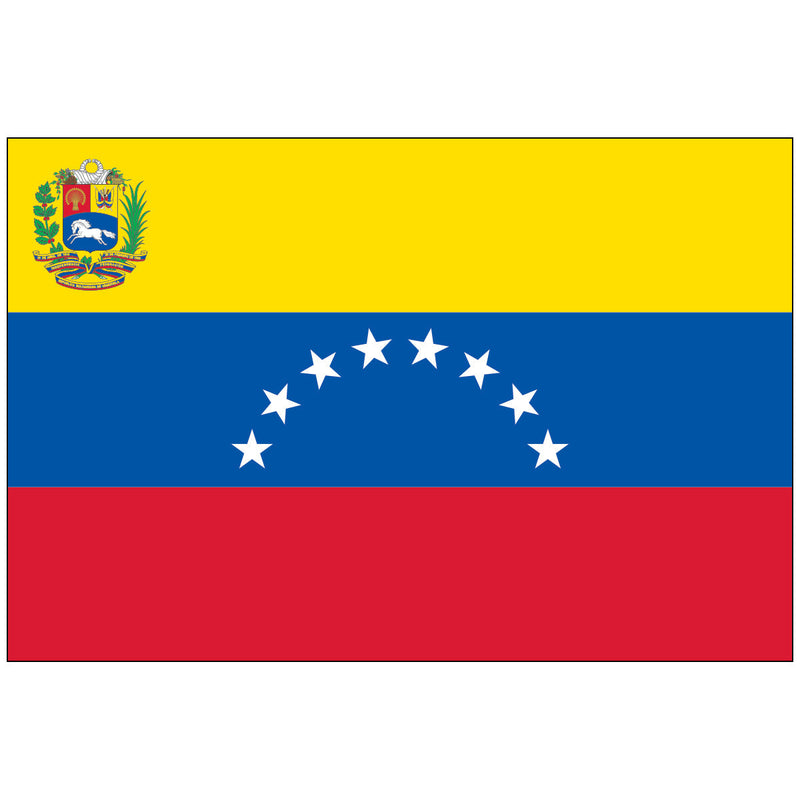 Load image into Gallery viewer, Venezuela World Flag with the national Coat of Arms on the top yellow stripe. The flag features horizontal stripes of yellow, blue, and red, with an arc of eight white stars centered on the blue stripe.