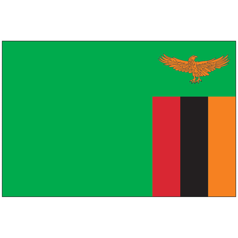 Load image into Gallery viewer, The Nylon World Flag of Zambia features a bright green field (agriculture and resources). In the lower fly corner, there is a block of three vertical stripes (red, black, and orange), surmounted by a majestic orange African fish eagle in flight, symbolizing freedom and the nation's ability to overcome challenges.