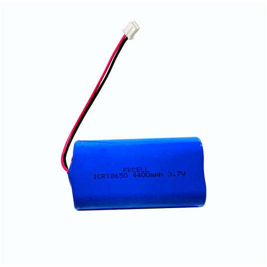 18650 lithium-ion battery rated at 3.7V and 4400mAh, featuring a two-wire connector, designed for Resolute and Loyalty solar lights.