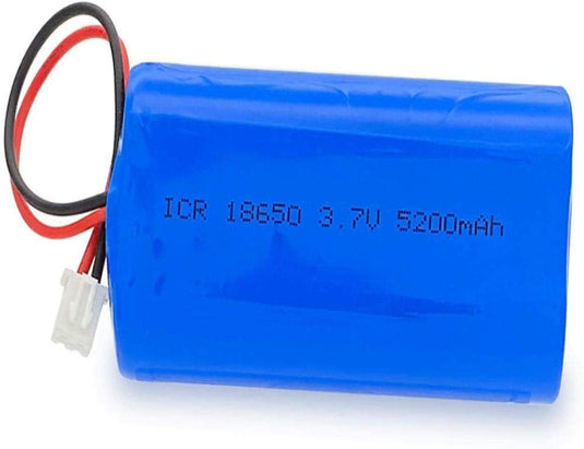 18650 lithium-ion battery rated at 3.7V and 5200mAh, featuring a red and black two-wire connector, designed for Elite solar lights.