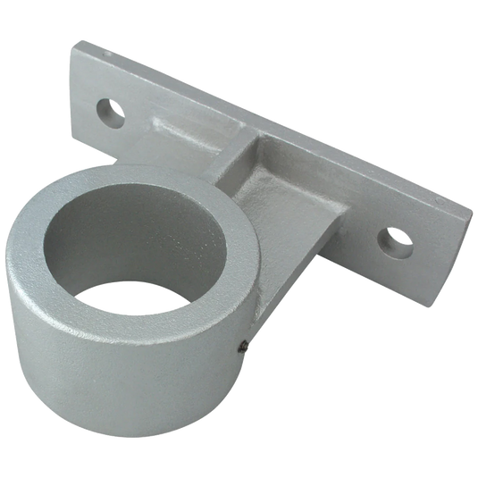 Silver cast aluminum wall mounting bracket with two screw holes and a circular opening designed to hold a flagpole securely in place.