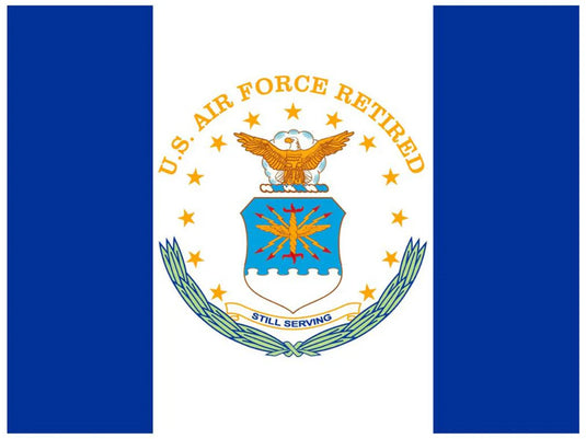 U.S. Air Force Retired flag with emblem and text on a blue and white background
