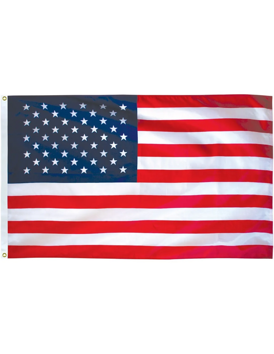 3'x5' Endura poly-cotton U.S. outdoor flag featuring 50 embroidered stars and 13 red and white stripes, designed for durable all-weather display.