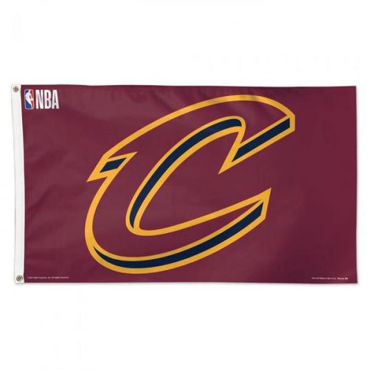 3'x5' Cleveland Cavaliers NBA Sports Flag, maroon flag featuring large gold and navy team logo with NBA branding