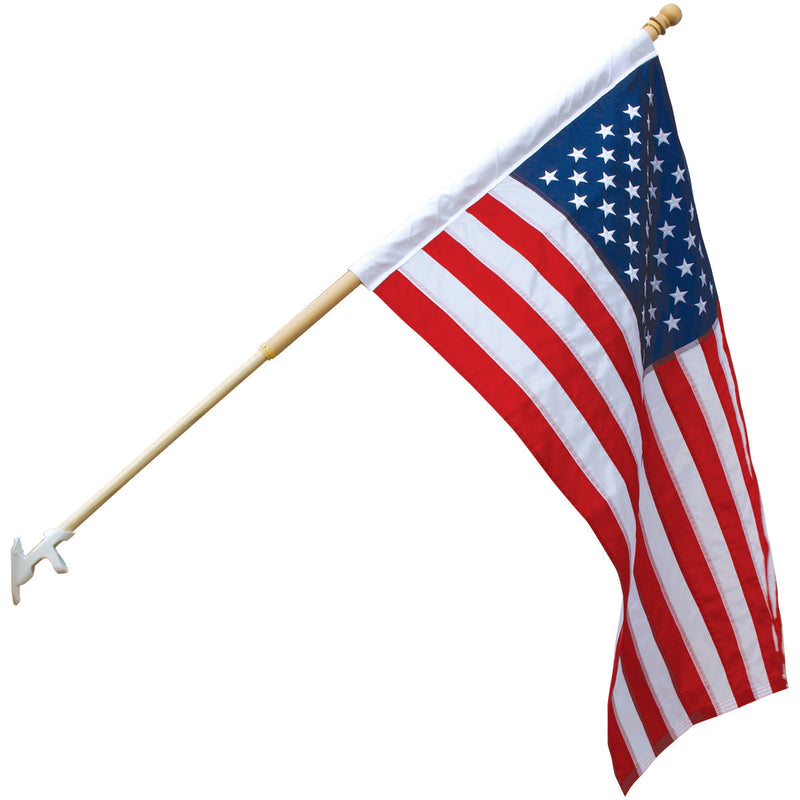 Load image into Gallery viewer, 3'x5' Endura Nylon Outdoor U.S. Banner Flag, American flag on wooden pole with sewn sleeve and leather tab
