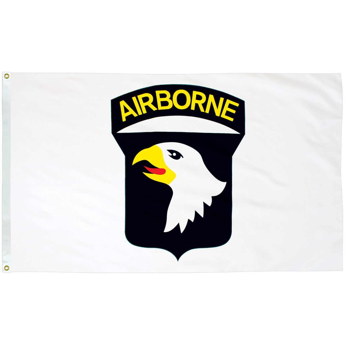 3'x5' Endura-Poly™ 101st Airborne Military Flag, white flag with black eagle shield and yellow “Airborne” text.