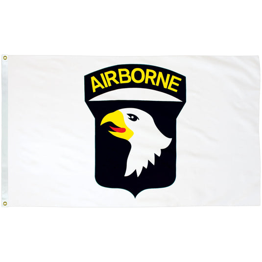 3'x5' Endura-Poly™ 101st Airborne Military Flag, white flag with black eagle shield and yellow “Airborne” text.