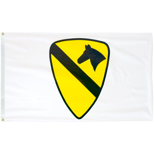 3'x5' Endura-Poly™ 1st Cavalry Military Flag, white flag with yellow and black horsehead insignia.