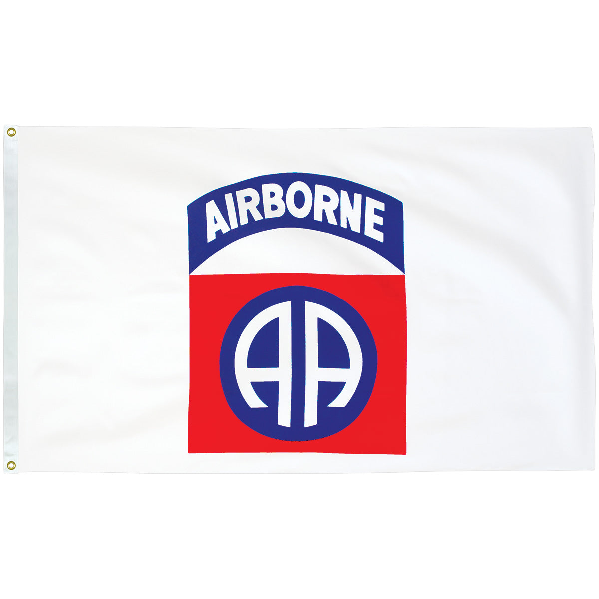 3'x5' Endura-Poly™ 82nd Airborne Military Flag, white flag with red and blue airborne insignia and “AA” logo.