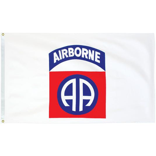 3'x5' Endura-Poly™ 82nd Airborne Military Flag, white flag with red and blue airborne insignia and “AA” logo.