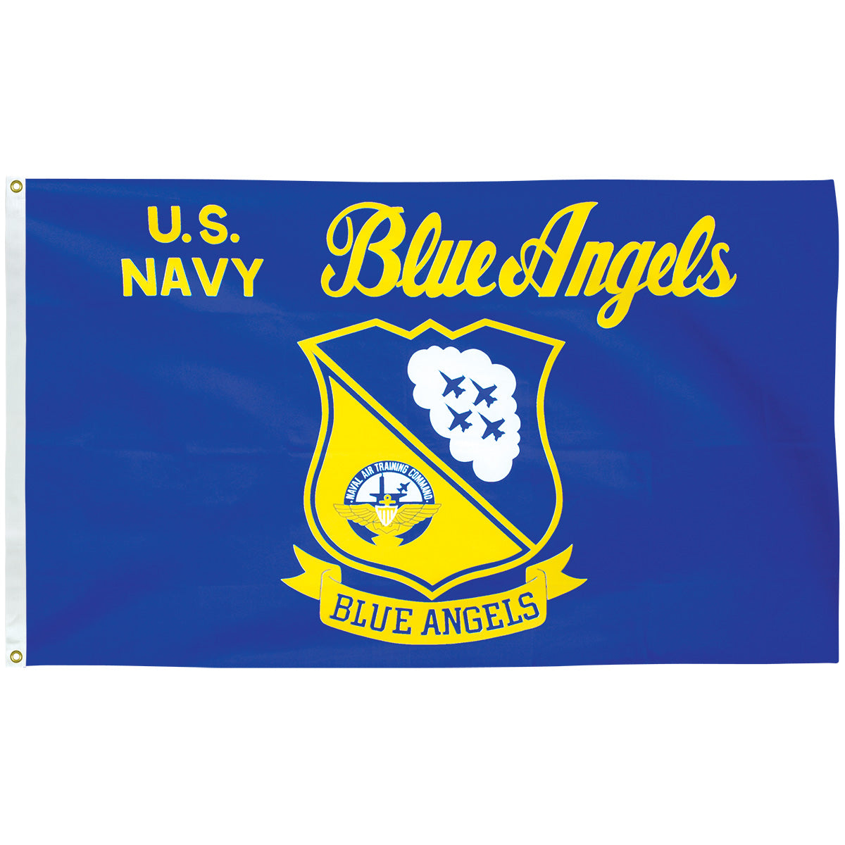 3'x5' Endura-Poly™ Blue Angels Military Flag, blue flag with yellow U.S. Navy Blue Angels emblem and text.