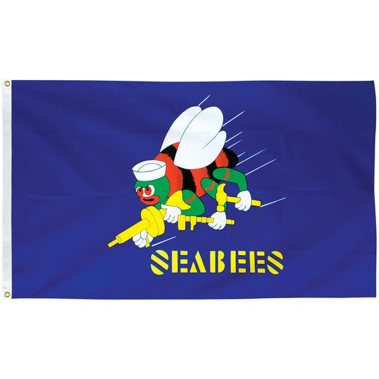 3'x5' Endura-Poly™ Seabees Military Flag, blue flag featuring Seabee mascot with tools and yellow “Seabees” text.