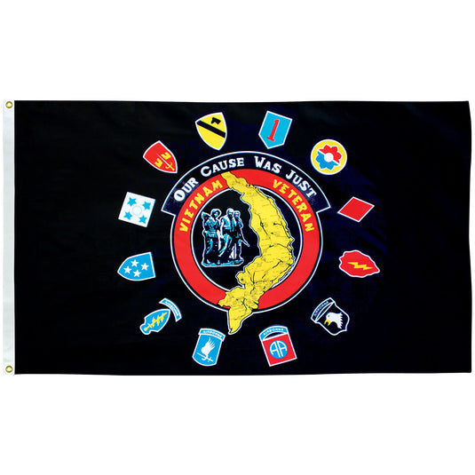 3'x5' Endura-Poly™ Vietnam Insignia Military Flag, black flag with Vietnam map, veteran text, and service emblems.
