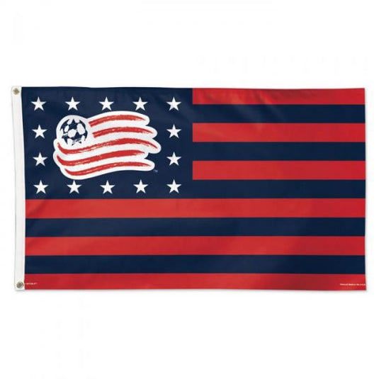 3'x5' New England Revolution MLS Sports Flag, red and navy striped flag with team logo and white stars.