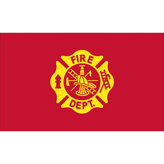 3'x5' Nylon Fire Department Civilian Flag, red flag with yellow Maltese cross and fire rescue emblem.