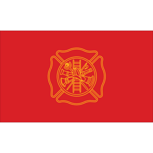 3'x5' Nylon Firefighters Civilian Flag, red flag featuring yellow Maltese cross with firefighting tools emblem.