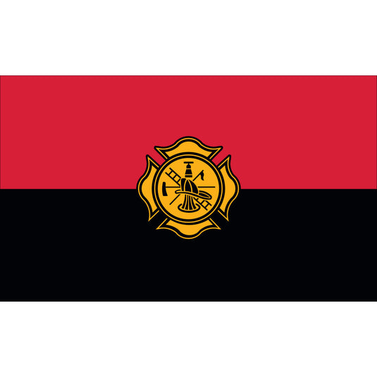 3'x5' Nylon Fireman Remembrance Civilian Flag, red and black flag featuring gold Maltese cross with fireman emblem.
