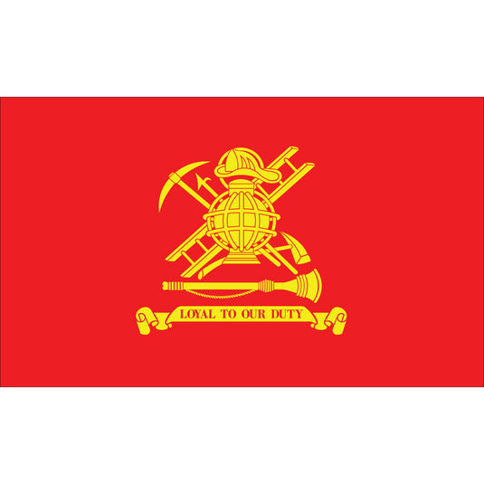 3'x5' Nylon Firemen Civilian Flag, red flag featuring yellow firefighting emblem and “Loyal to Our Duty” banner.