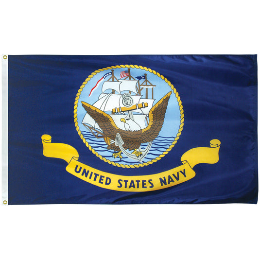 3'x5' Nylon Navy Indoor Flag, blue flag featuring eagle, ship, and anchor emblem with gold “United States Navy” banner.