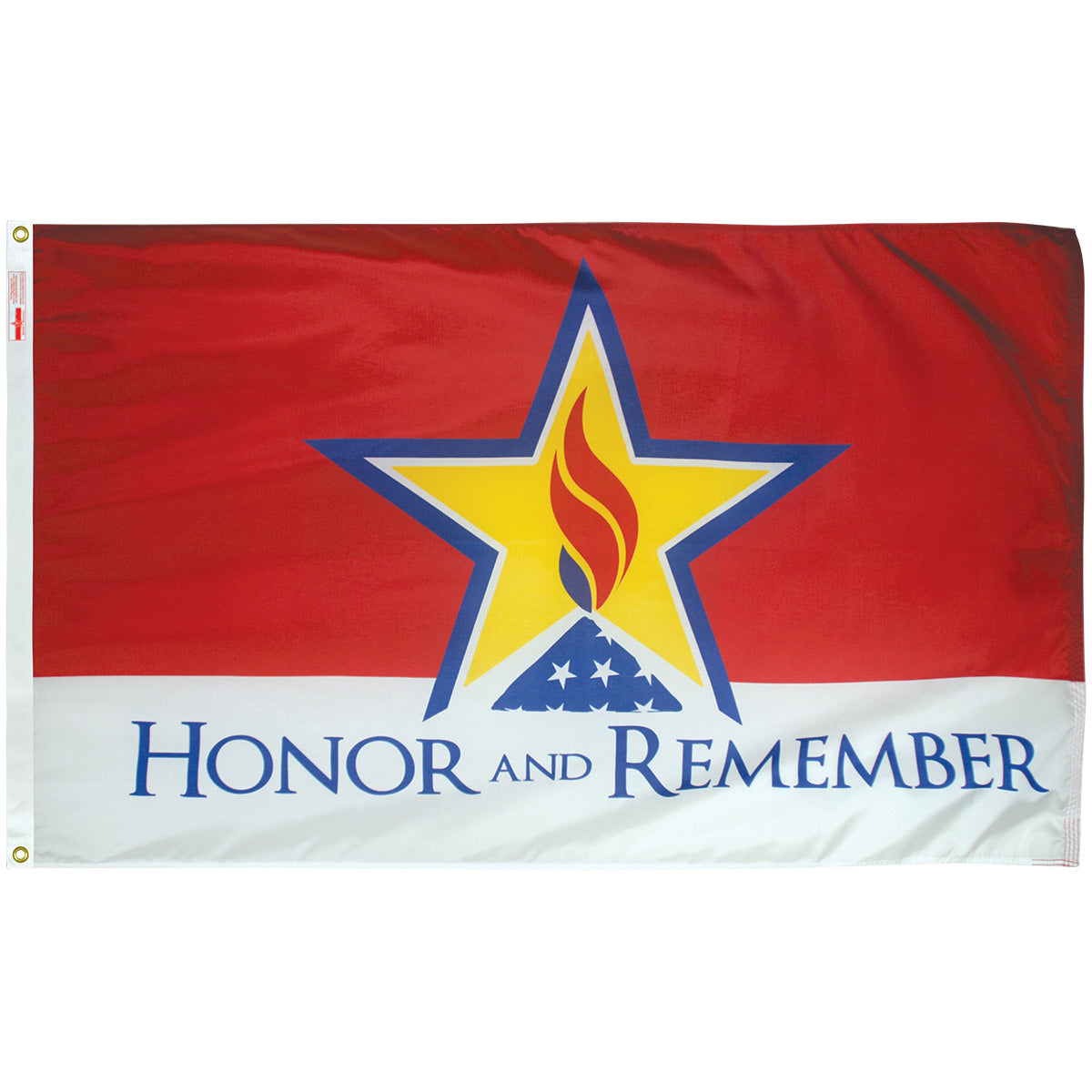 3'x5' Nylon Outdoor Honor and Remember Flag, red and white flag with gold star, red flame, and blue folded flag emblem.
