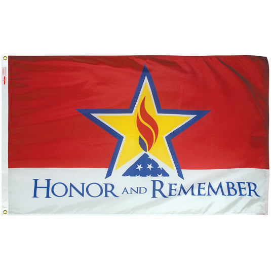 3'x5' Nylon Outdoor Honor and Remember Flag, red and white flag with gold star, red flame, and blue folded flag emblem.