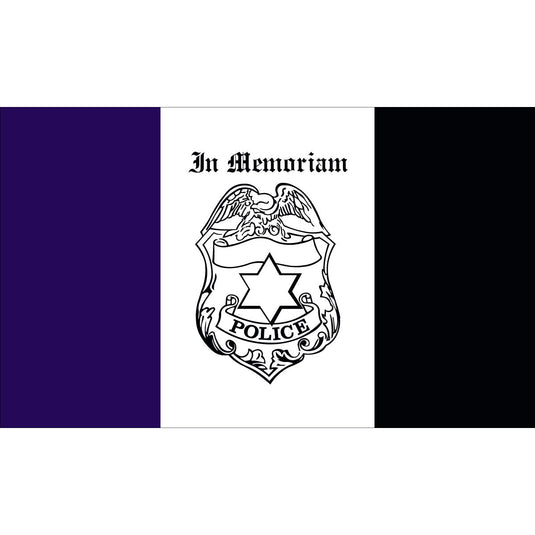 3'x5' Nylon Police Mourning Civilian Flag, black, white, and purple flag with police badge design and “In Memoriam” text.