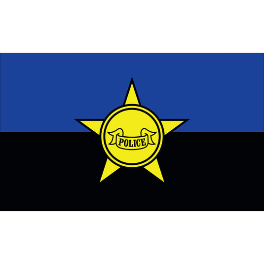 3'x5' Nylon Police Remembrance Civilian Flag, blue and black flag with gold five-pointed star emblem reading “Police” in the center.