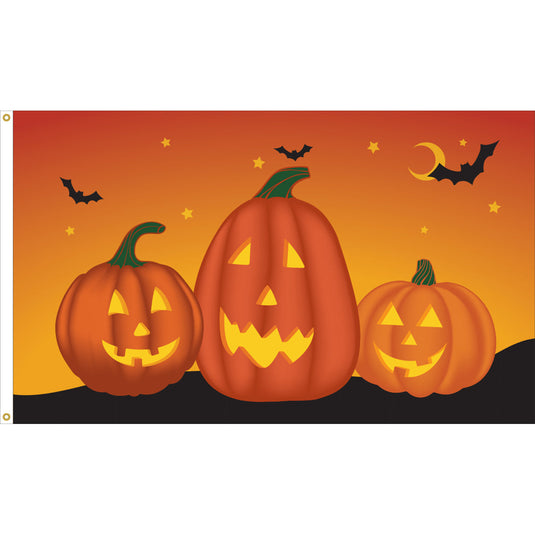 3'x5' Nylon Pumpkin Specialty Flag, orange gradient flag featuring three glowing jack-o'-lanterns with bats, stars, and a crescent moon in the background.