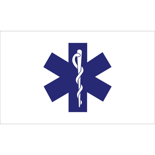 3'x5' Nylon Star of Life Civilian Flag – white background with blue medical star and Rod of Asclepius symbol.