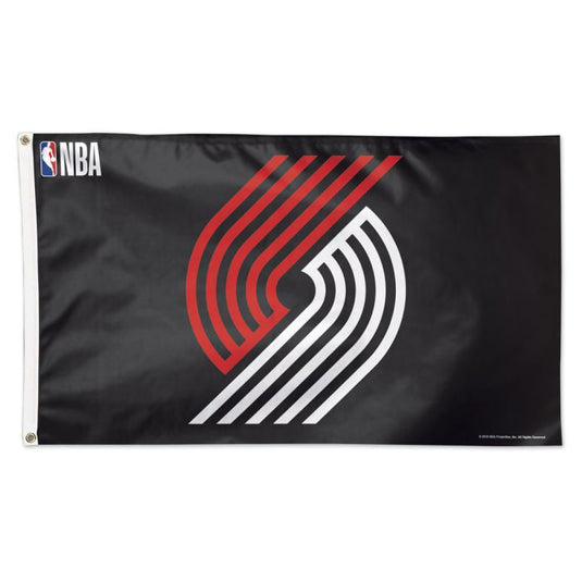 A rectangular flag with the Portland Trail Blazers team logo, predominantly red, black, and white.