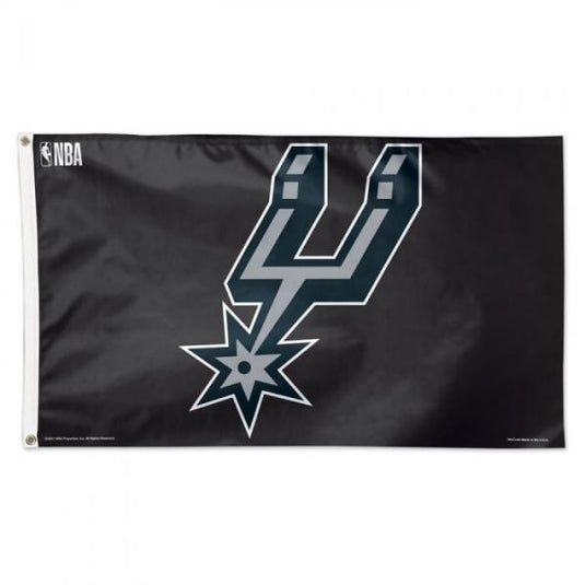 3'x5' San Antonio Spurs NBA Sports Flag – black flag featuring the Spurs logo in gray and white with NBA emblem.