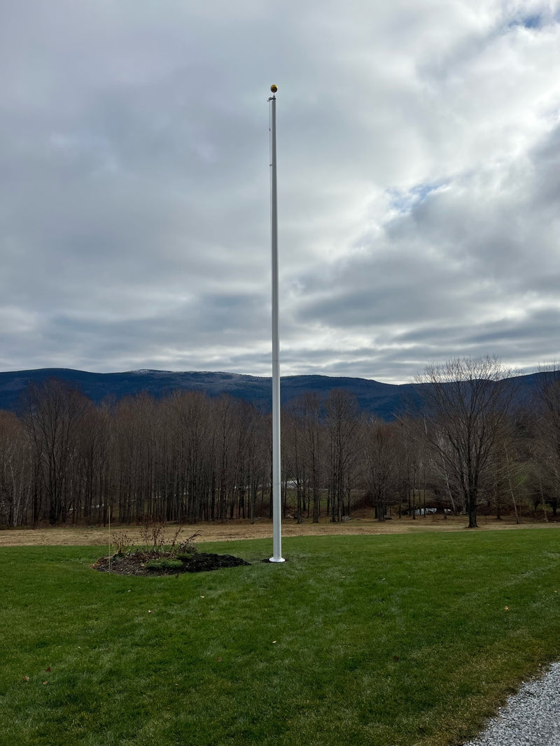 Load image into Gallery viewer, The tall, vacant 40-foot Lincoln Series external halyard aluminum flagpole standing in a grassy field against a backdrop of bare trees and cloudy, mountainous terrain.
