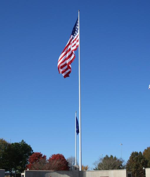 A tall aluminum flagpole with an American flag raised at the top, set against a clear blue sky with some trees in the background.