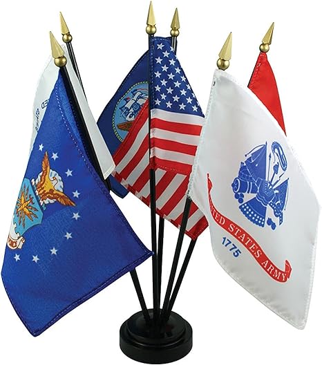 A set of miniature flags representing the U.S. & Armed Forces