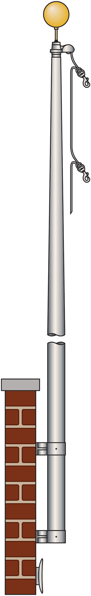 Metal flagpole attached to a brick wall with a gold ball at the top.