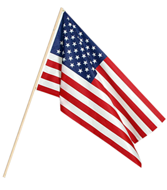 American flag on a wooden stick against a white background