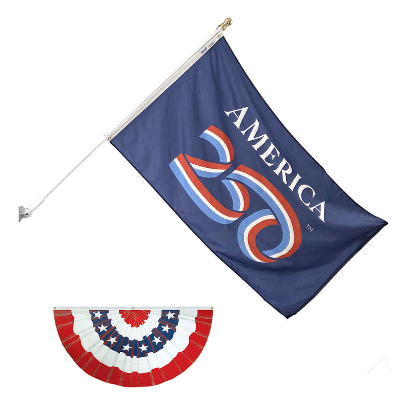 Load image into Gallery viewer, Navy blue flag with 'AMERICA 250' text and red, white, and blue decorative item on a white background
