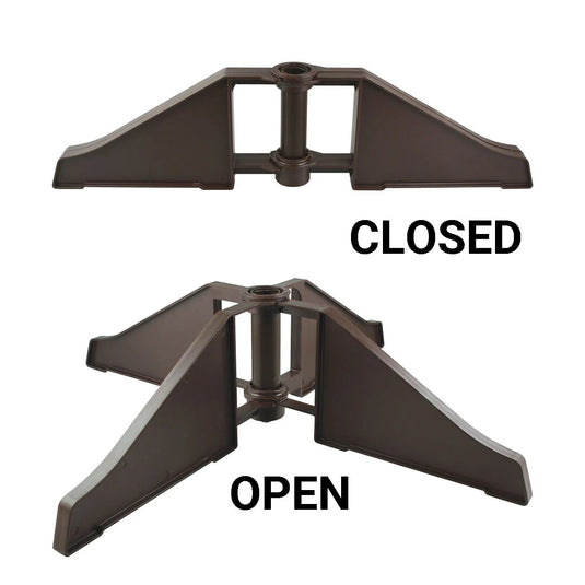 Foldable portable floor stand base shown open and closed for indoor flagpole display