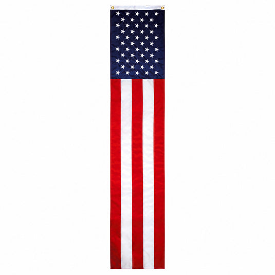 A vertical flag with a white stars section and red and blue sewn stripes, resembling the American flag.