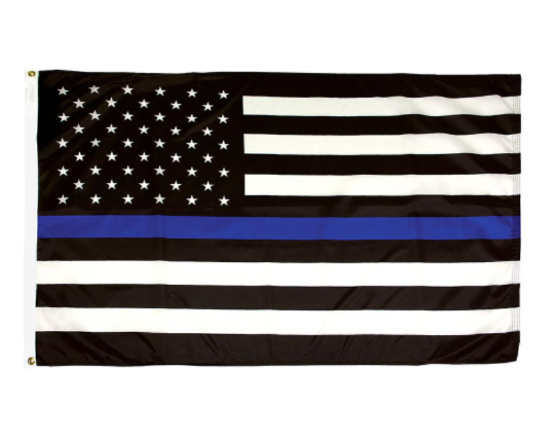 Load image into Gallery viewer, 3' x 5' U.S. Thin Blue Line flag made of nylon, featuring a black-and-white American flag design with a single blue stripe representing support for law enforcement, finished with reinforced edges and brass grommets for hanging.
