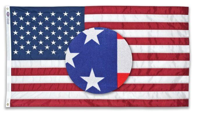 Load image into Gallery viewer, American flag with a blue circle featuring a white star on a white background
