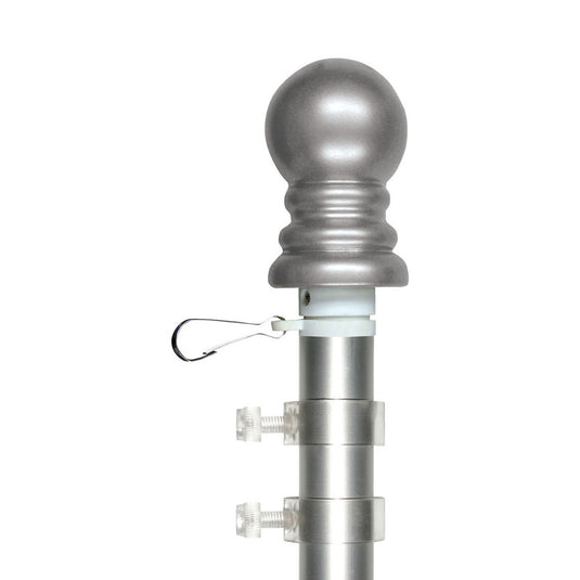 Silver aluminum rotating flagpole with a silver ball topper and anti-furl rings.