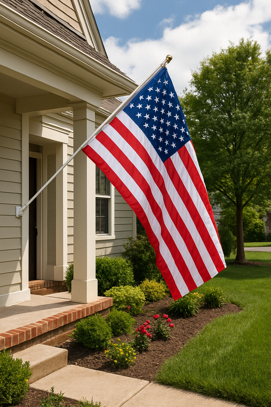 House-mounted aluminum rotating flagpole with a U.S. flag displayed outside a home with landscaping and a front porch.