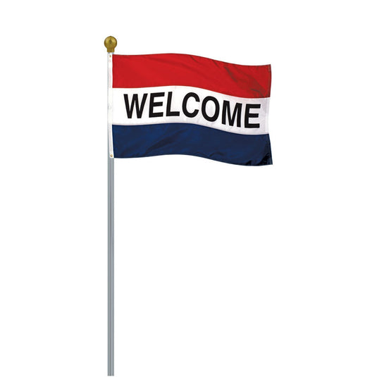 Silver aluminum display pole with gold ball topper shown flying a red, white, and blue “Welcome” flag.