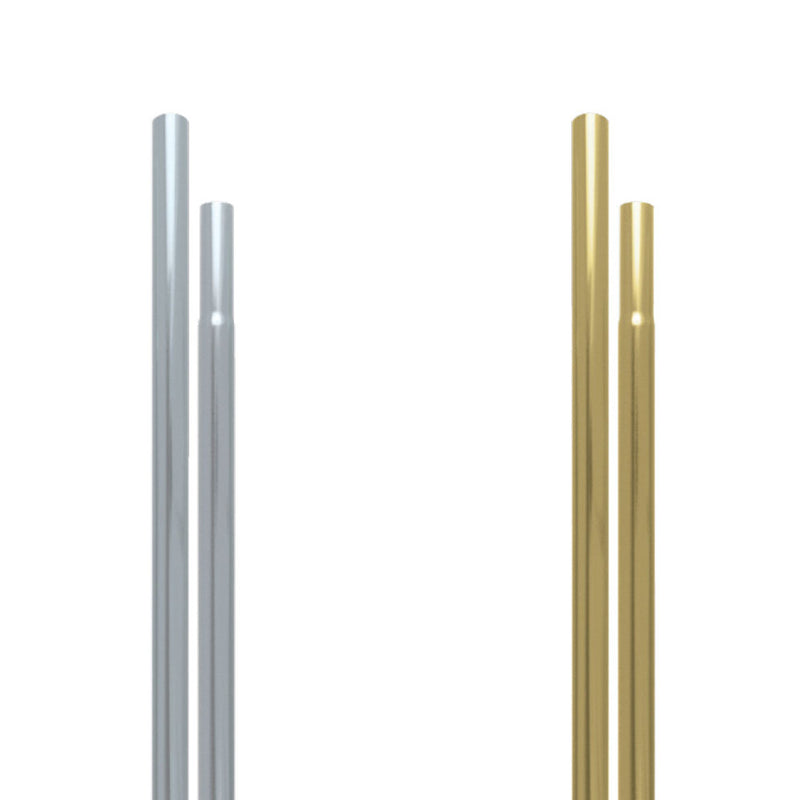 Load image into Gallery viewer, Silver and gold aluminum two-piece display poles for indoor flags, shown in polished anodized finishes.
