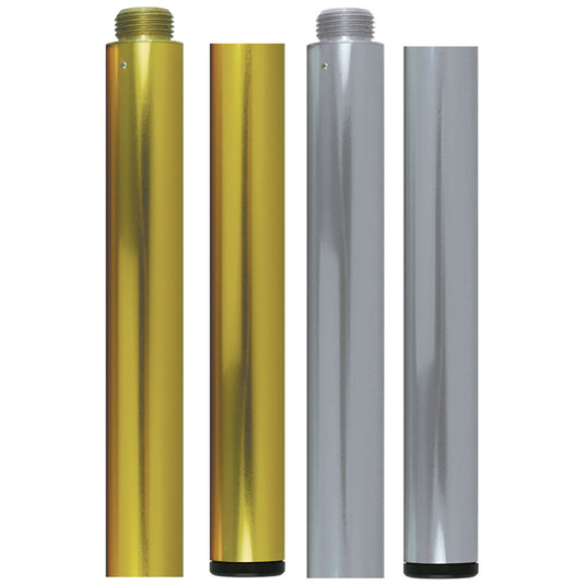 Gold and silver anodized aluminum marching band poles featuring threaded ends and protective top caps, designed for parade and ceremonial flag displays.